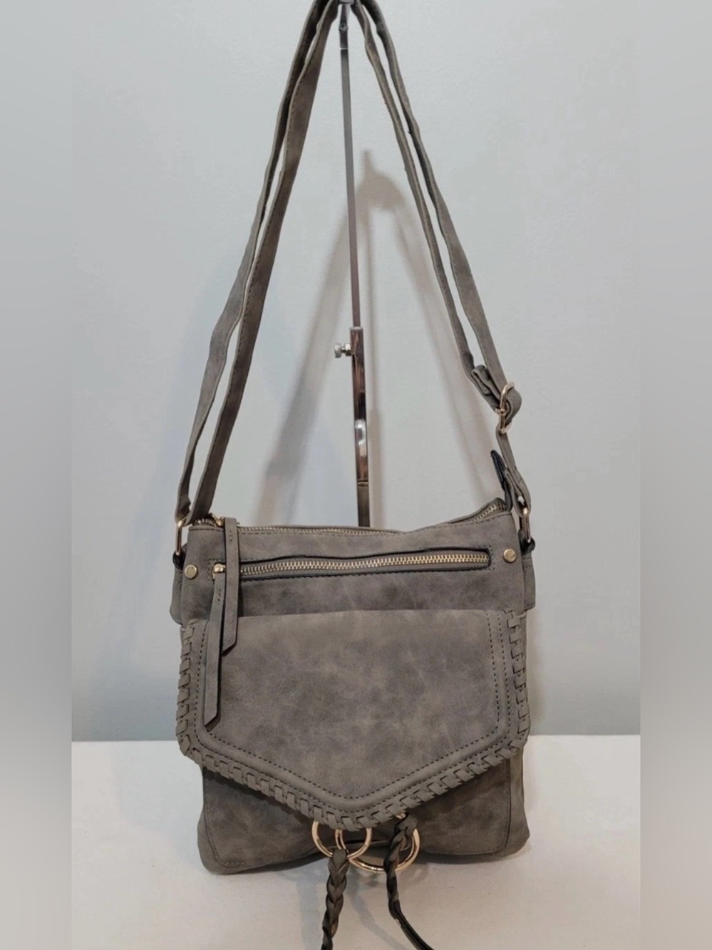 Gray Faux Suede Tassel Western Boho Crossbody Shoulder Bag